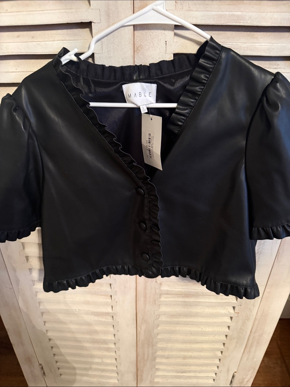 MARBLE Black Faux Leather Ruffle-Trim Short Sleeve Crop Top